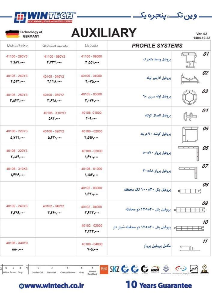 لیست قیمت پروفیل UPVC وین تک AUXILIARY لیست قیمت پروفیل UPVC وین تک AUXILIARY